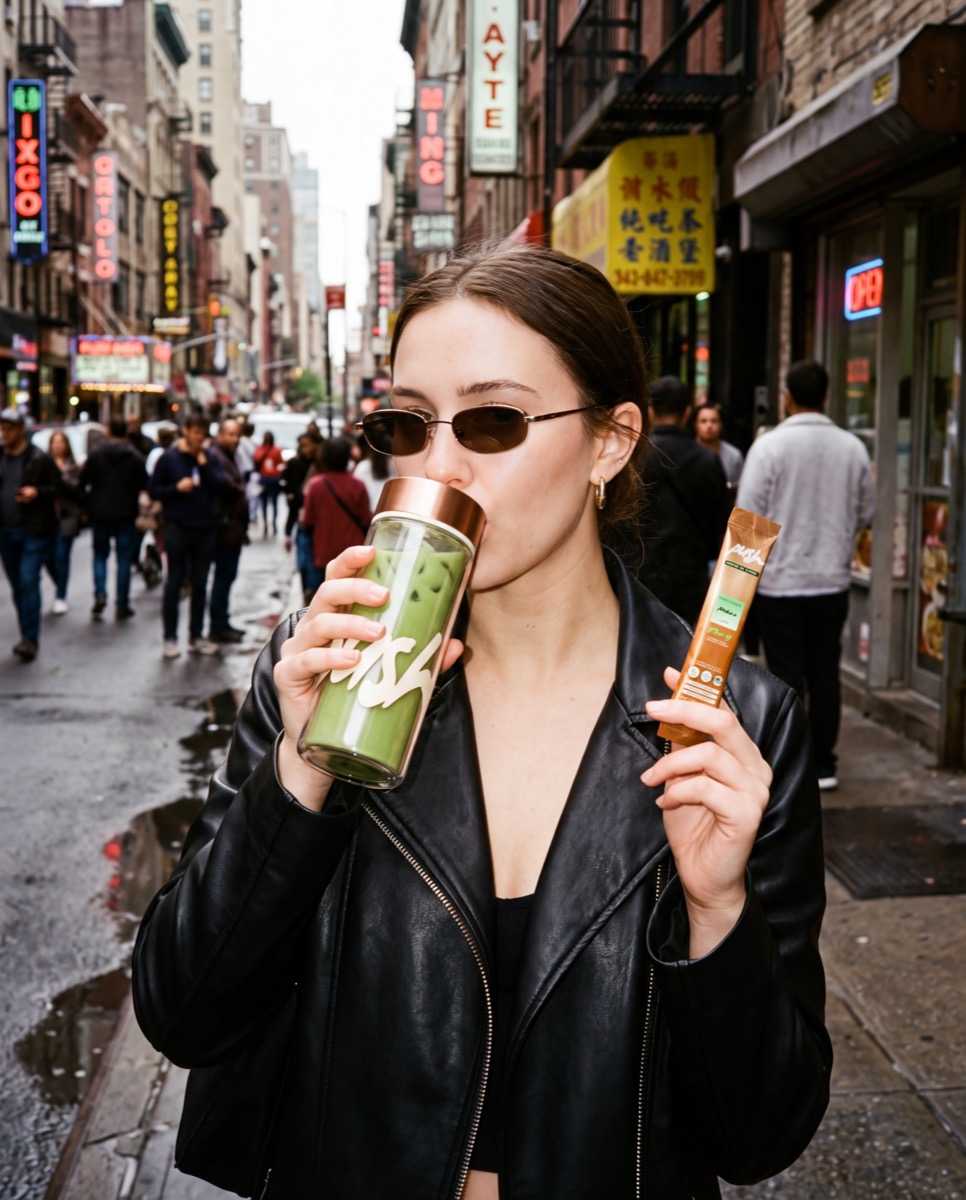 A woman on a busy New York street drinking a Push latte, stick in hand