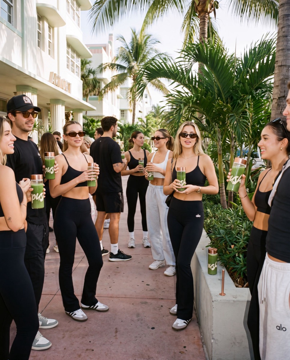 A group of creators in Miami Beach holding Push tumblers