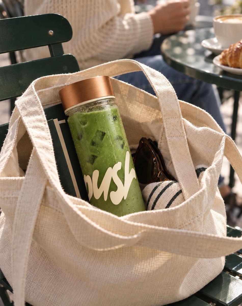 A Push tumbler with an iced matcha latte inside a canvas tote