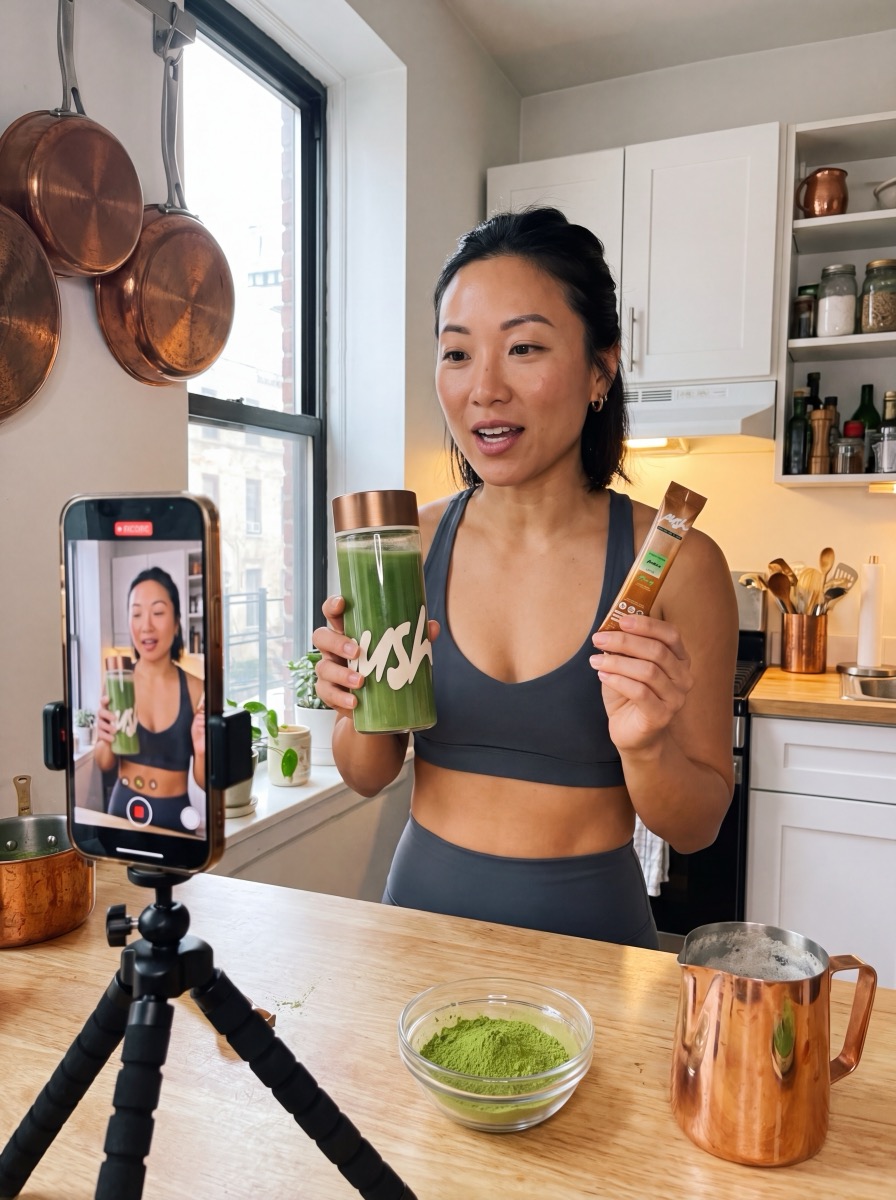 A creator filming her Push matcha latte routine at home